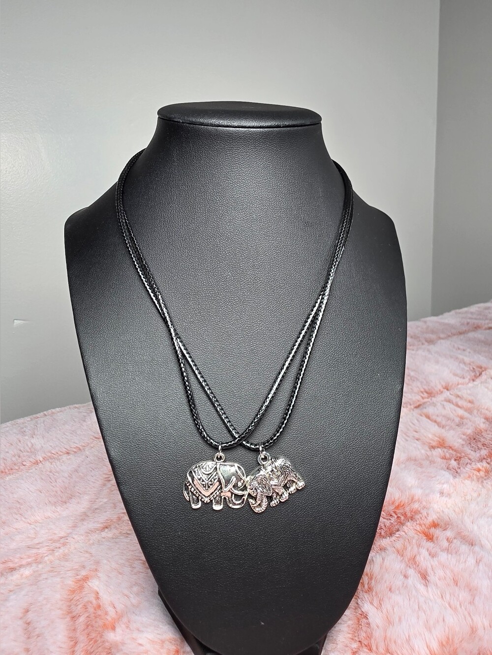 Silver Elephant Pendant Layered Necklace in Black Cord